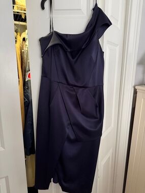 Vince Camuto One-Shoulder Navy Satin Cocktail Dress